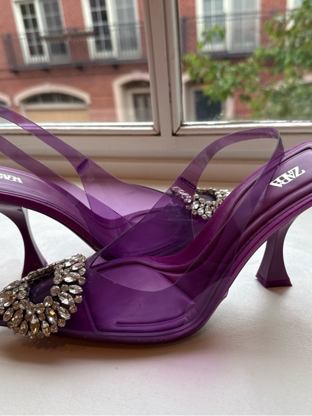 Zara Purple Jeweled Transparent Slingback Mules